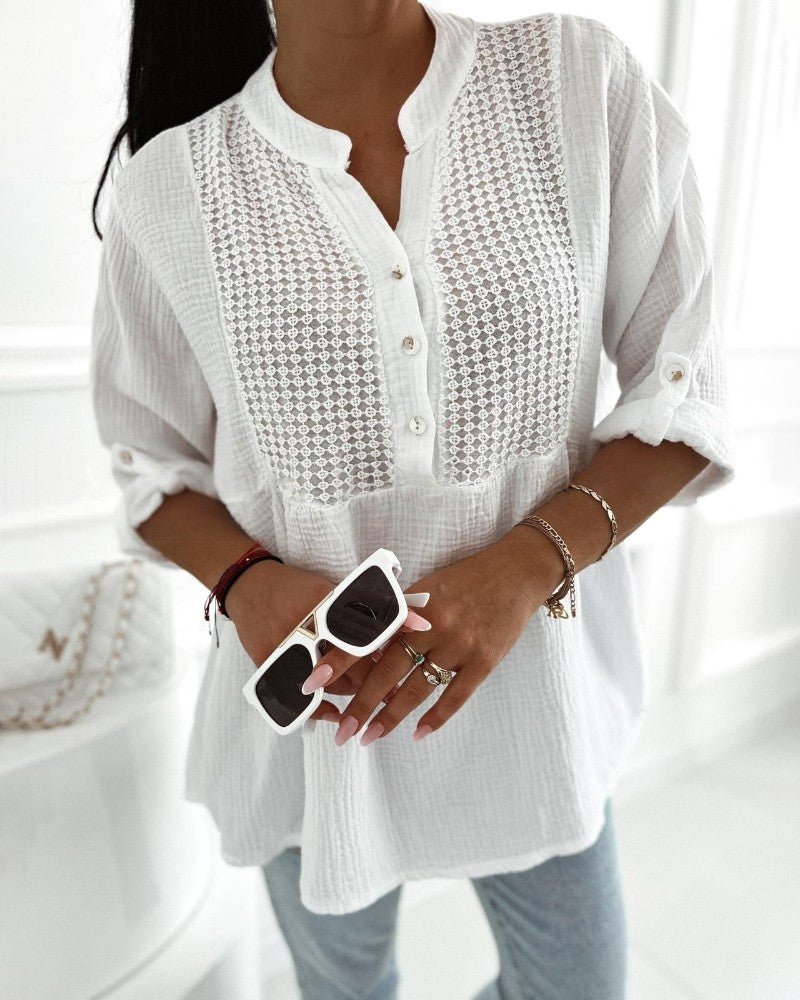 Roll Up Sleeve Hollow Out Shirt Button Front Casual Blouse Top