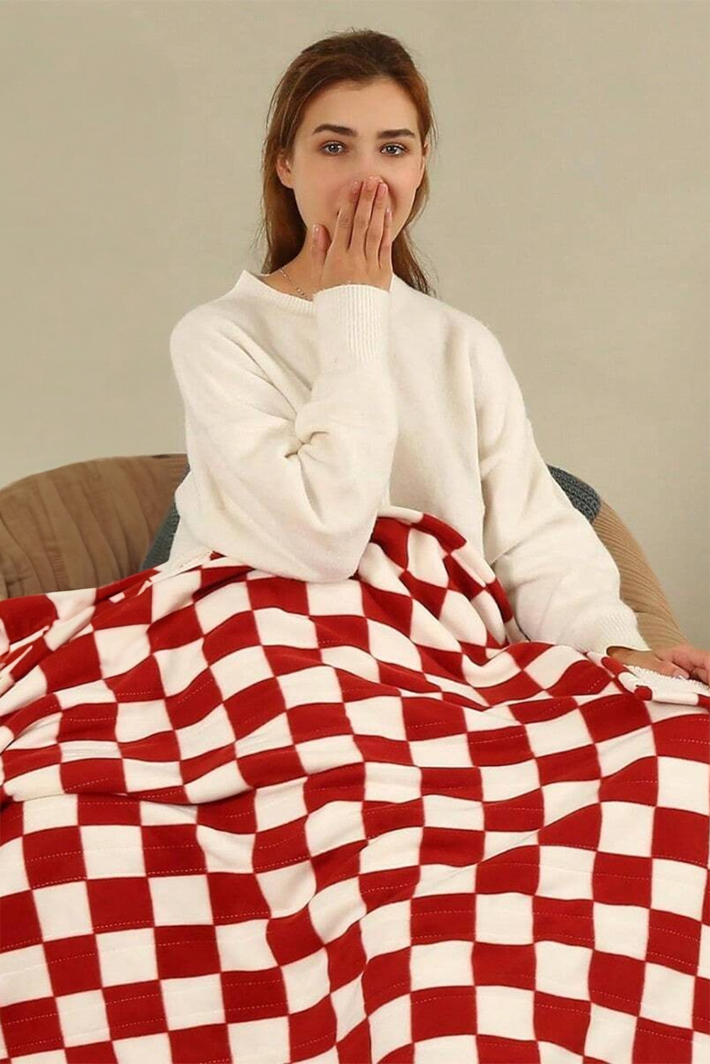 Fiery Red Plush Checkered Print Sofa Blanket 127*152cm