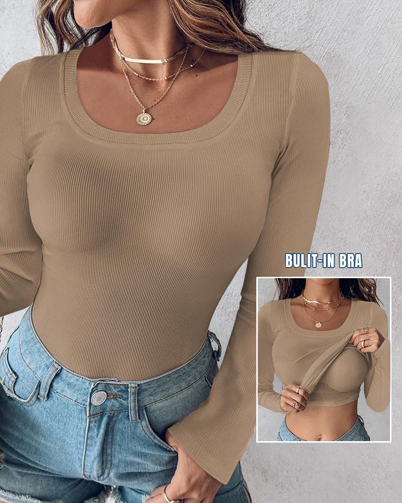 U Neck Built in Bra Long Sleeve Ribbed Top