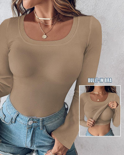 U Neck Built in Bra Long Sleeve Ribbed Top