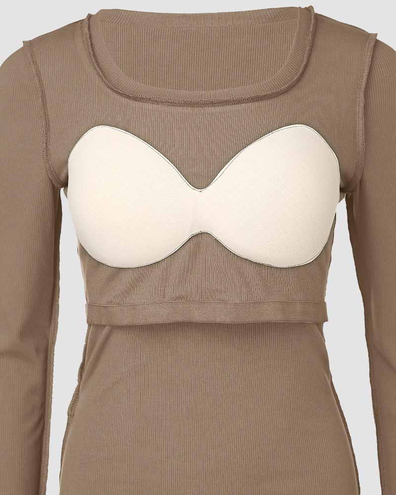 U Neck Built in Bra Long Sleeve Ribbed Top