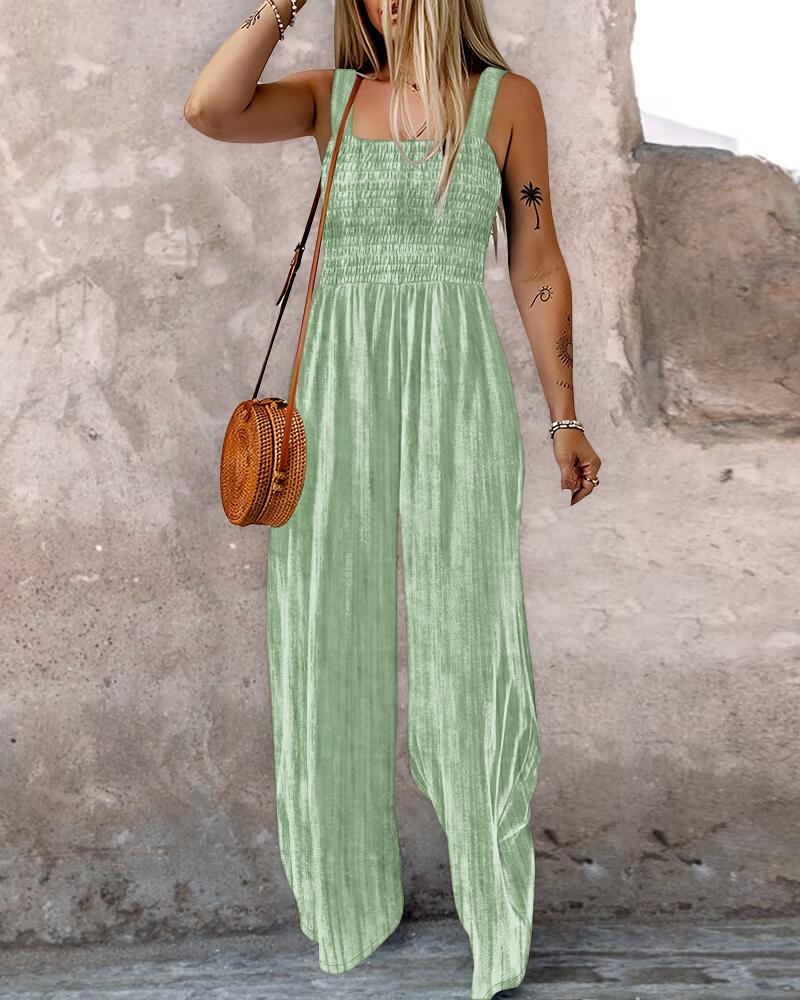 Tie Dye Print Square Neck Thick Strap Shirred Wide Leg Jumpsuit Casual Overalls with Pockets