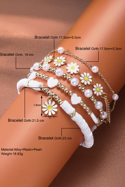 White Daisy Heart Pearl Beaded Multi Layer Bracelet Set