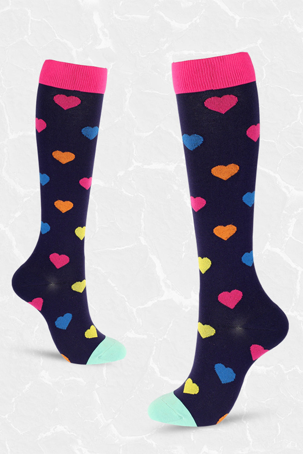 Navy Blue Valentine Heart Pattern Contrast Trim Mid-length Socks