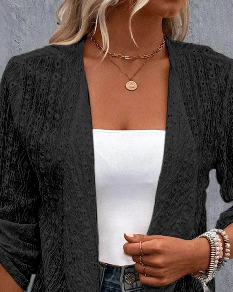 Eyelet Embroidery Roll Up Sleeve Open Front Blazer Coat