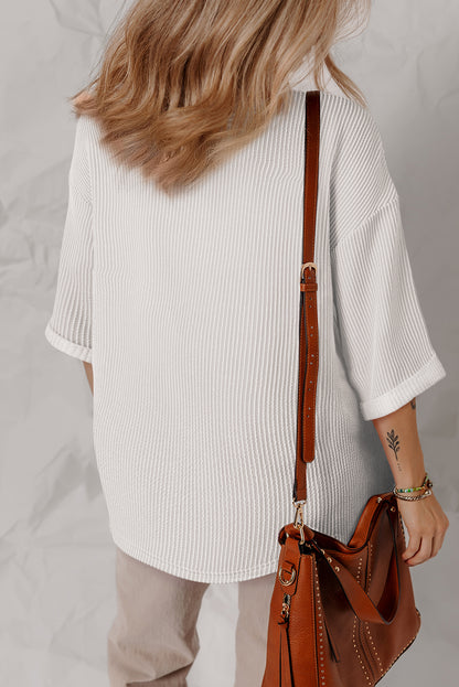 White Solid Color Corded Drop Shoulder 3/4 Sleeve V Neck Top