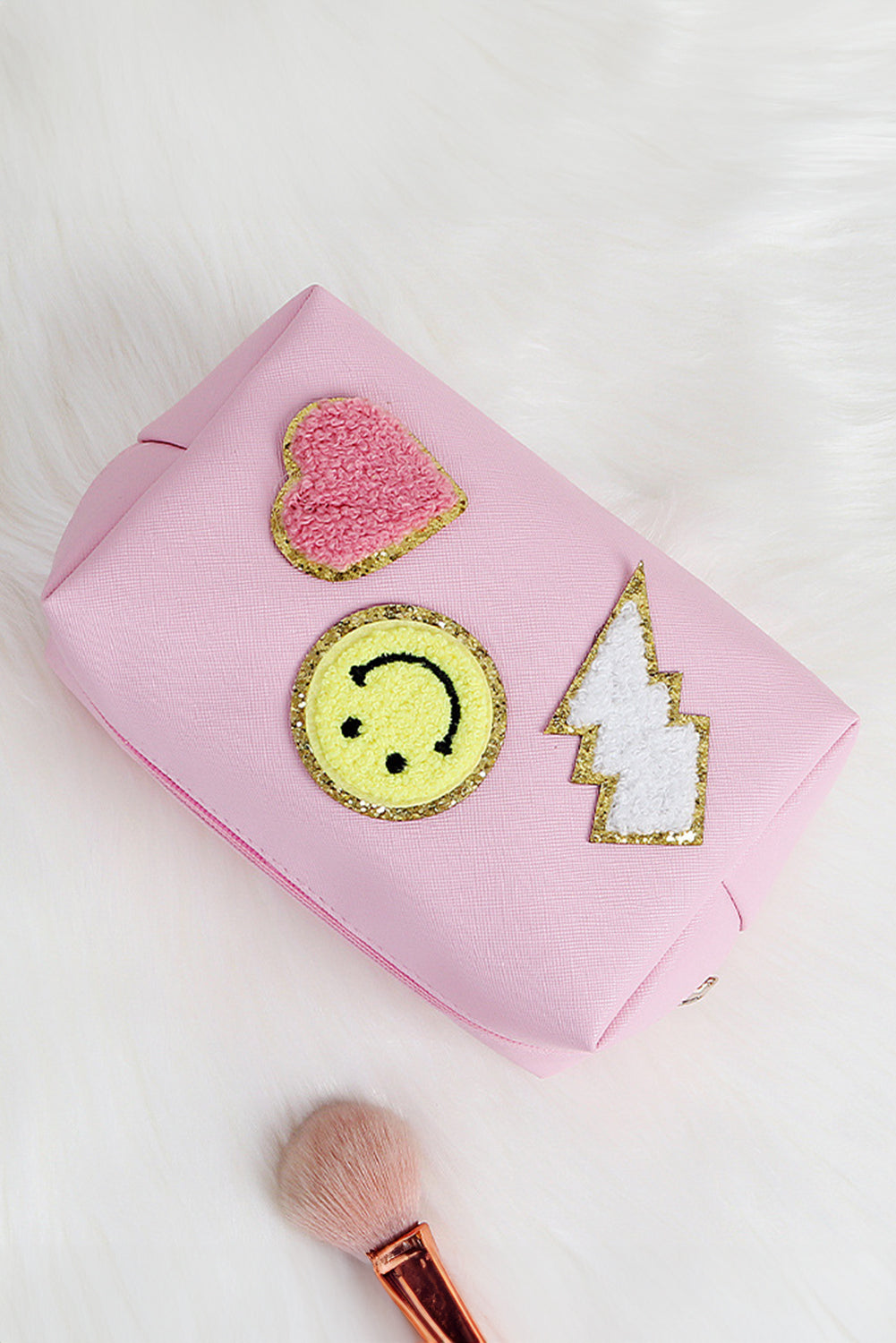 Pink Smiley Face Chenille Patched PU Zipper Makeup Bag