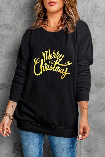 Black Merry Christmas Letter Graphic Drop Shoulder Sweatshirt