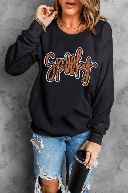 Black Spooky Rhinestone Drop Shoulder Graphic Sweatshirt