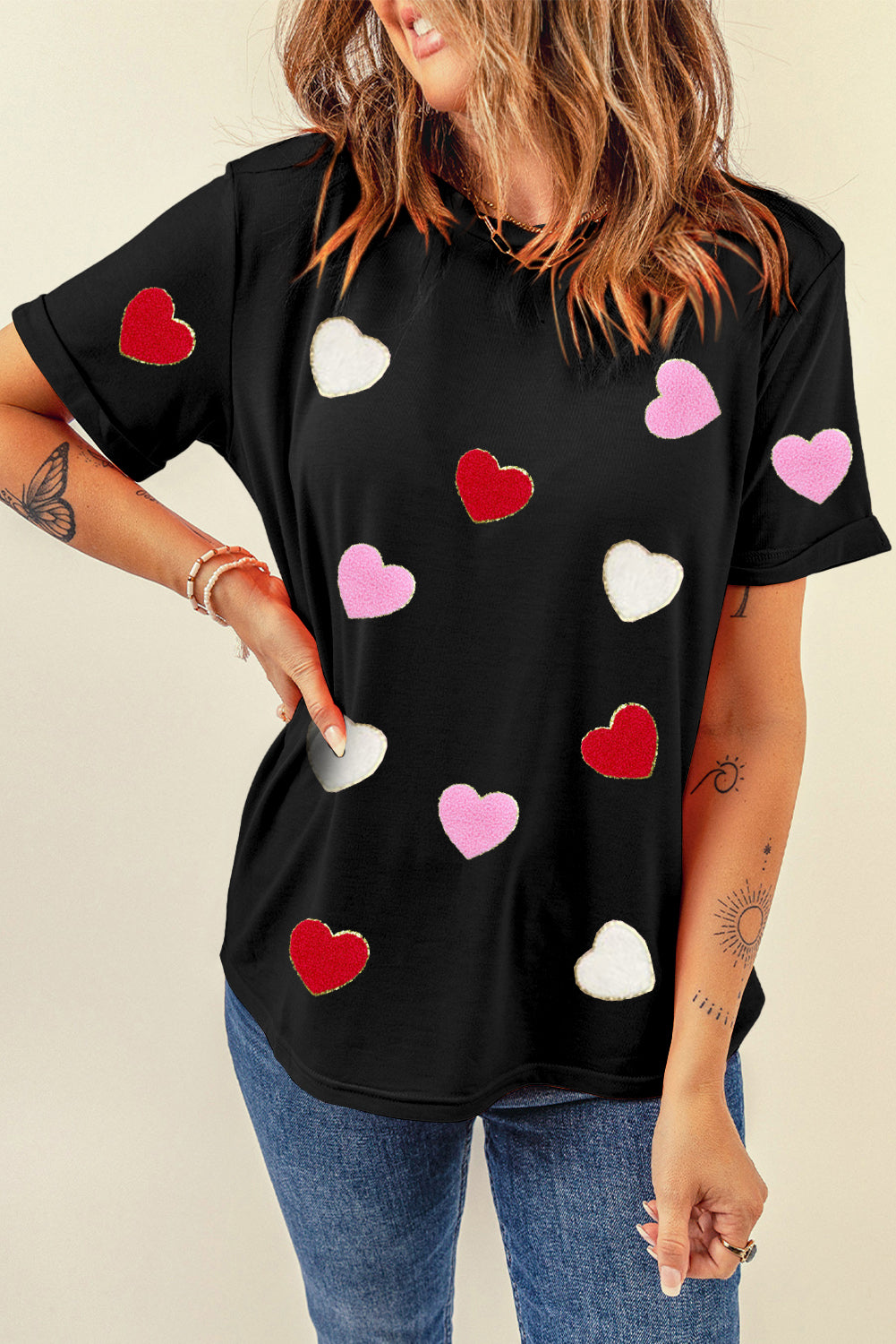 Black Valentines Chenille Heart Patched Pattern Crewneck Tee