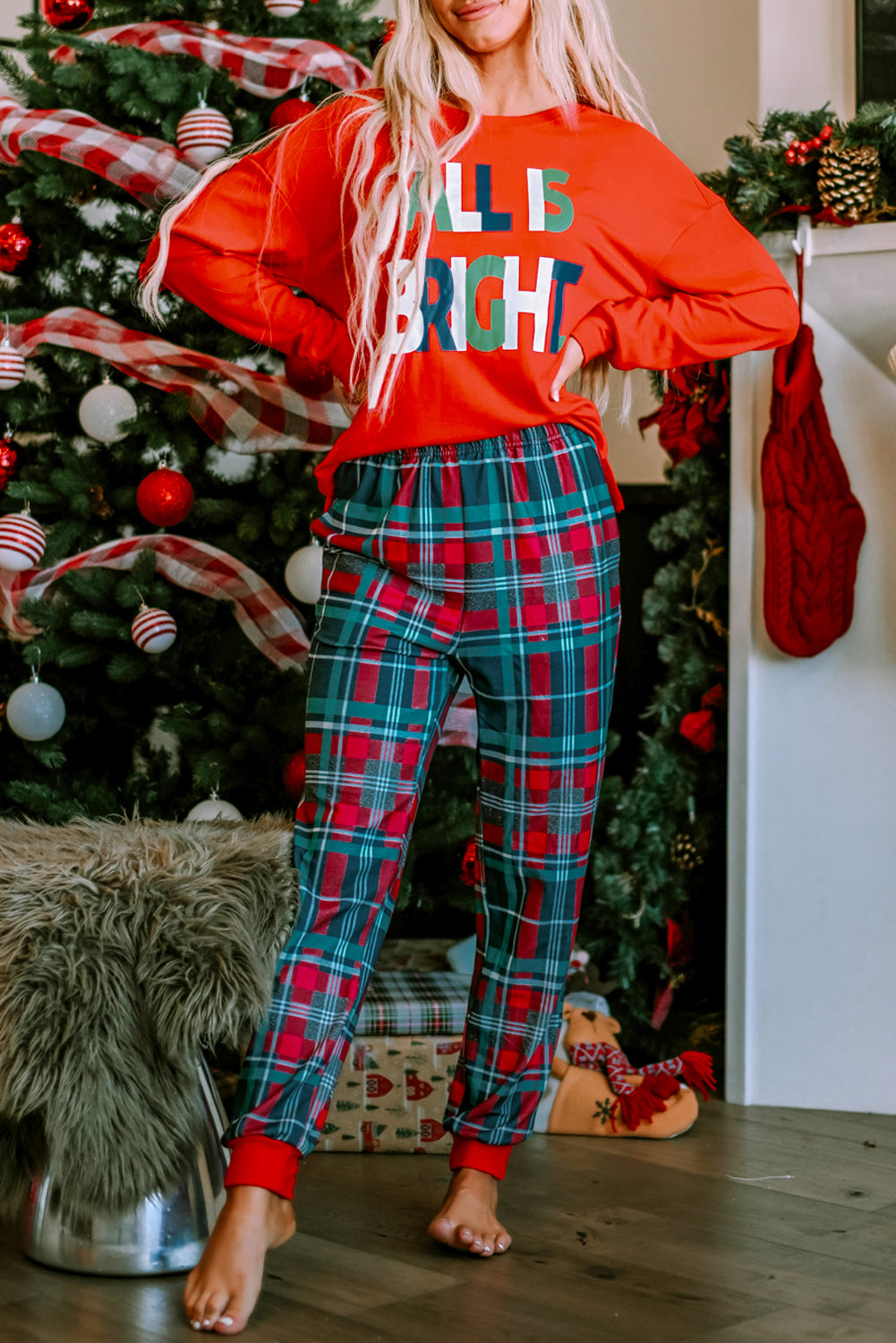 Multicolor ALL IS BRIGHT Graphic Christmas Plaid Pajamas Set