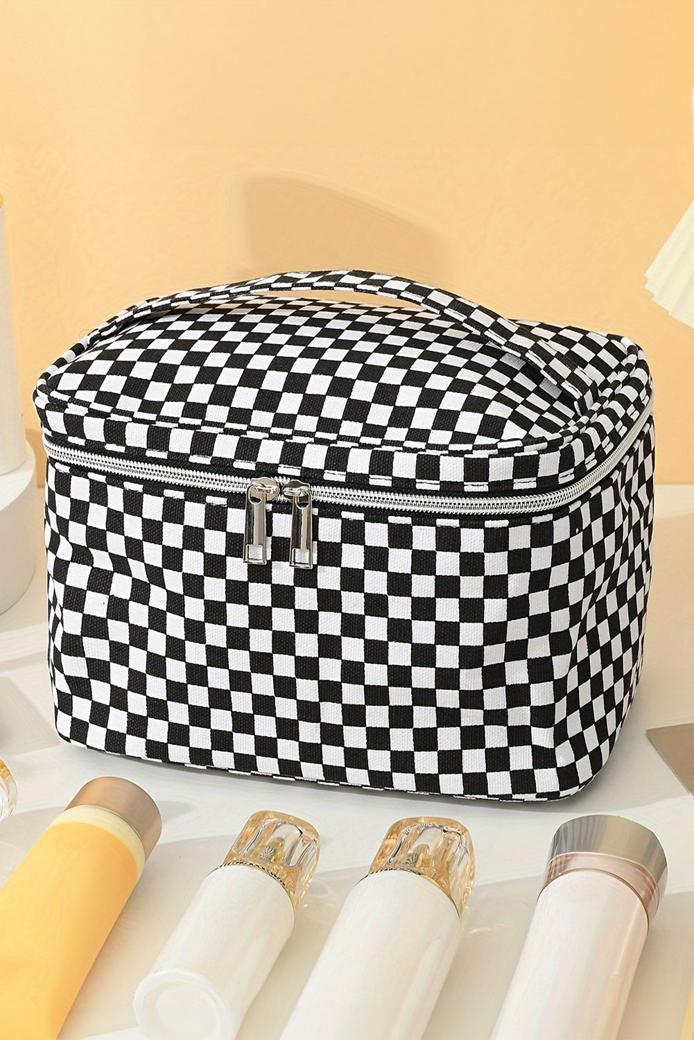 Black Checkered Print Zipper Large Toiletry Bag with Handle