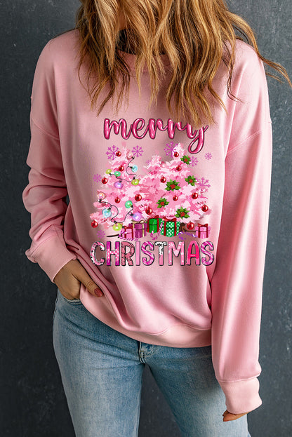 Pink Merry Christmas Graphic Crew Neck Pullover Sweatshirt