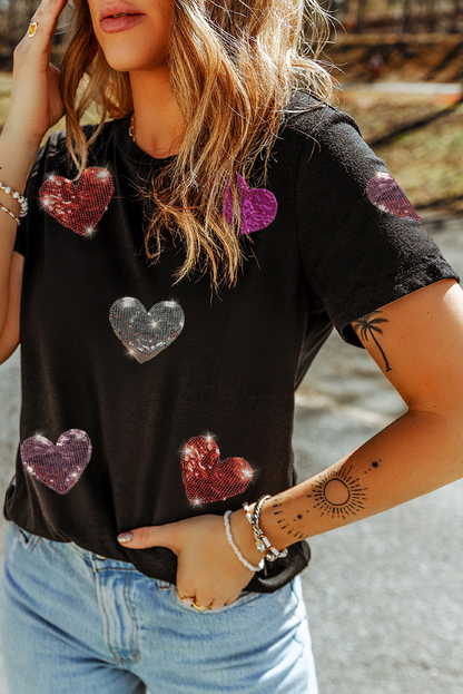 Black Sequin Heart Patched Pattern Crewneck Valentines Tee