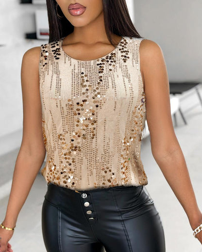 Leopard Print Contrast Sequin Round Neck Top Sleeveless Slim Fit Blouse