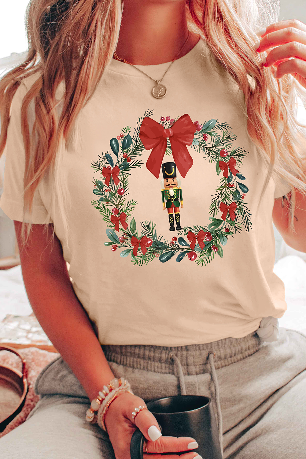 Khaki Nutcracker Bow Christmas Wreath Crewneck Printed T Shirt