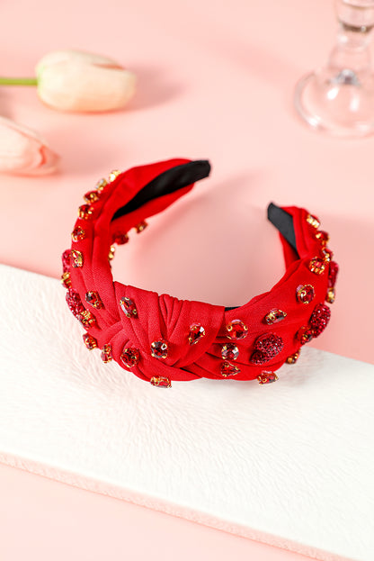 Fiery Red Rhinestone Heart Glass Drill Studded Knotted Wide Headband