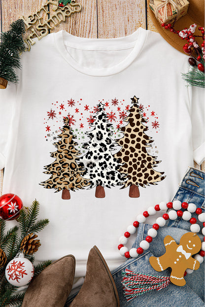 White Leopard Christmas Tree Graphic Crewneck Tee