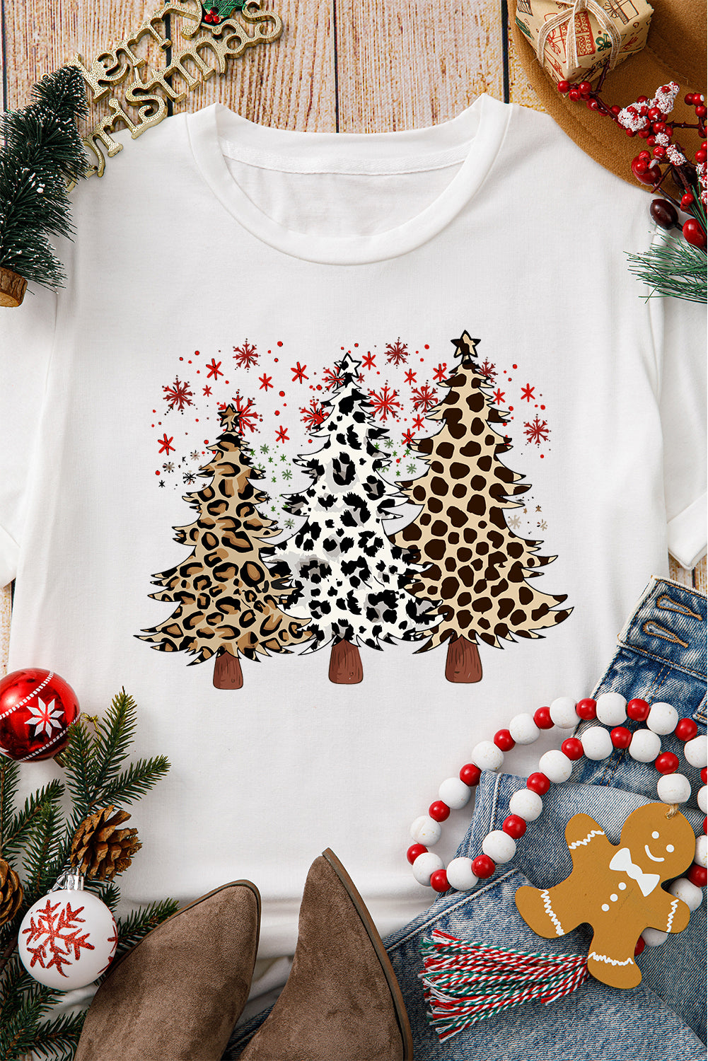 White Leopard Christmas Tree Graphic Crewneck Tee