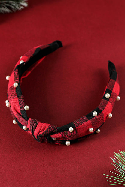 Red Dahlia Pearl Decor Christmas Plaid Knotted Headband