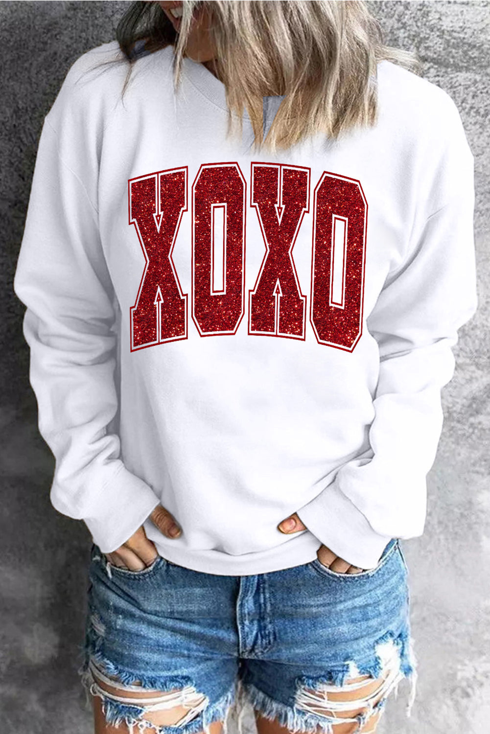 White Glitter XOXO Graphic Crewneck Valentines Pullover Sweatshirt