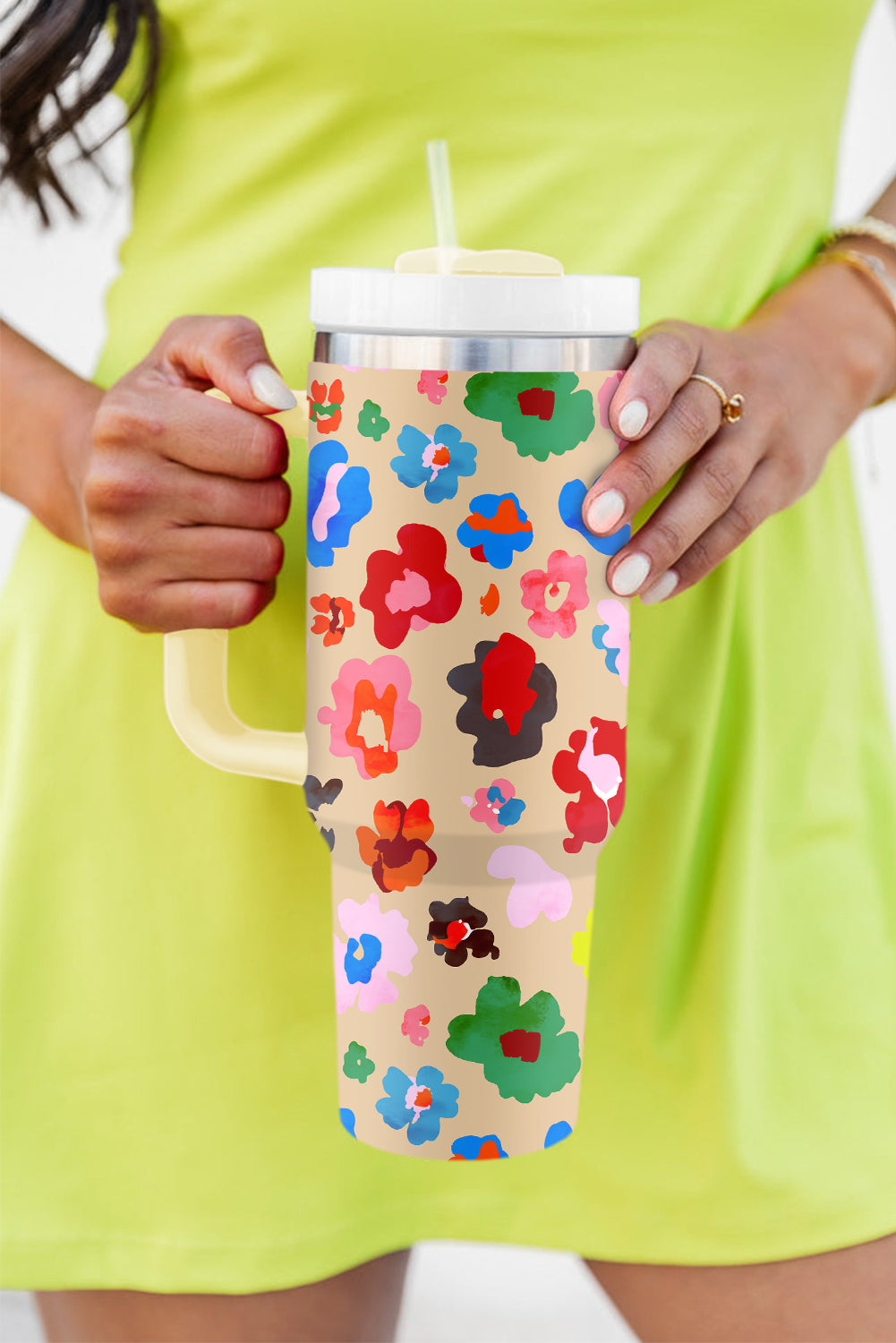 Khaki Flower Print Large Portable Cup with Handle 40OZ