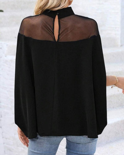 Rhinestone Sheer Mesh Patchwork Mock Neck Top Casual Batwing Sleeve Shirt Blouse