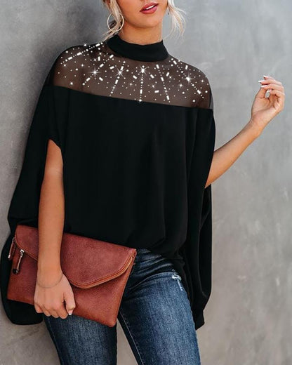 Rhinestone Sheer Mesh Patchwork Mock Neck Top Casual Batwing Sleeve Shirt Blouse