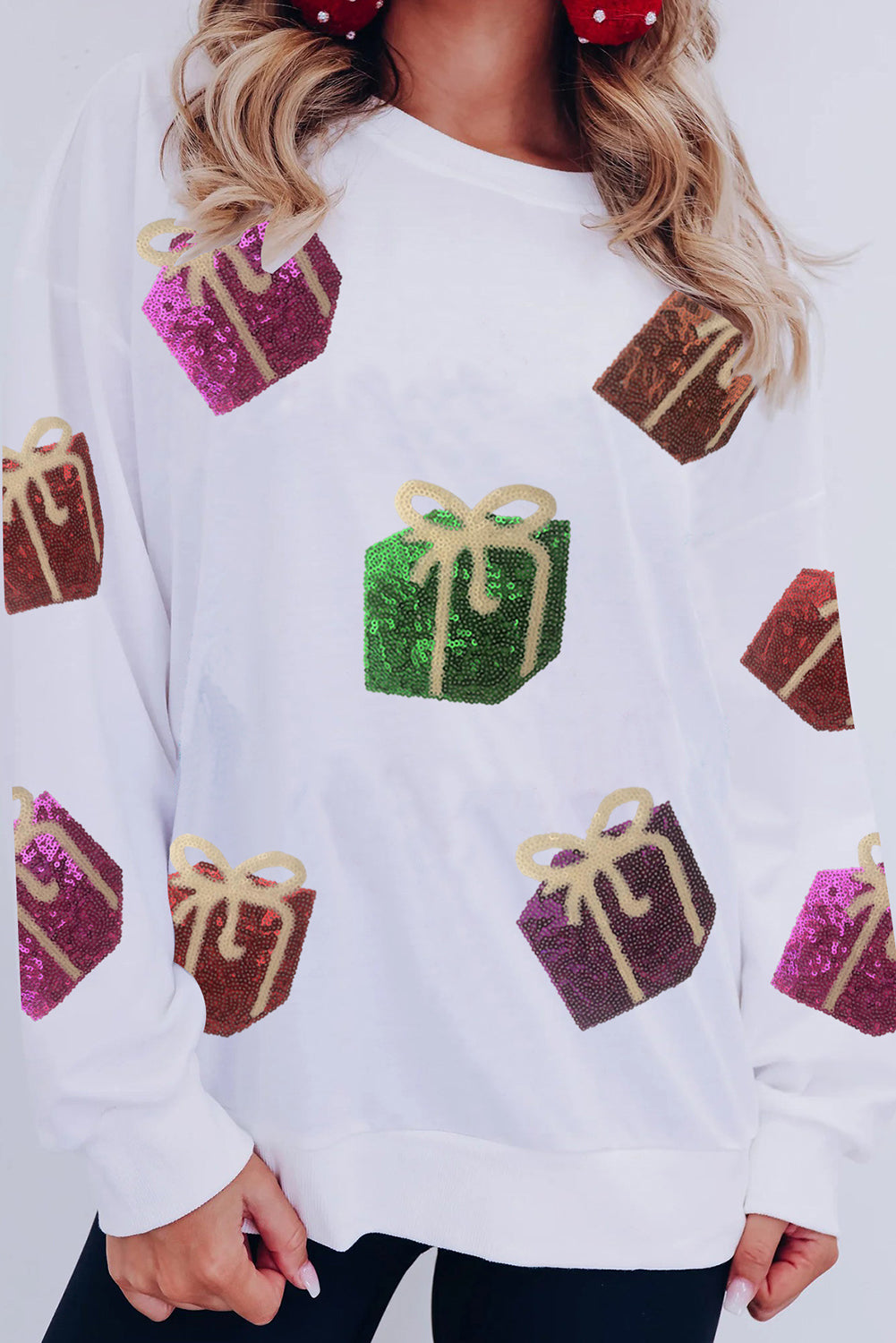 White Sequin Christmas Gift Graphic Pullover Sweatshirt