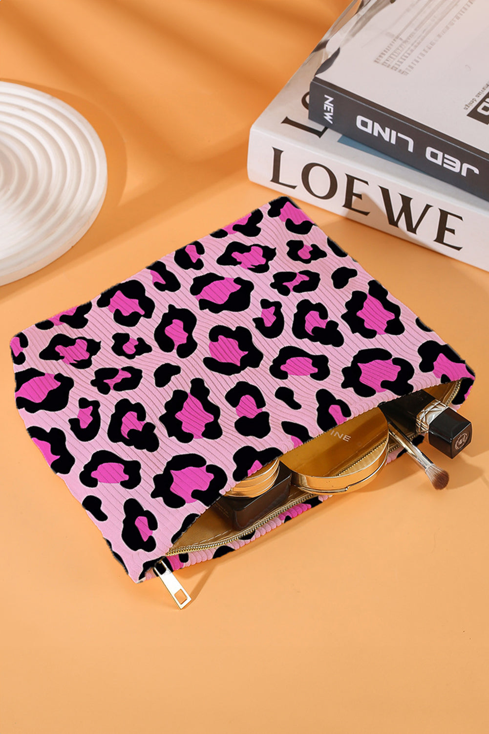 Bright Pink Leopard Print Corduroy Zipped Makeup Storage Bag