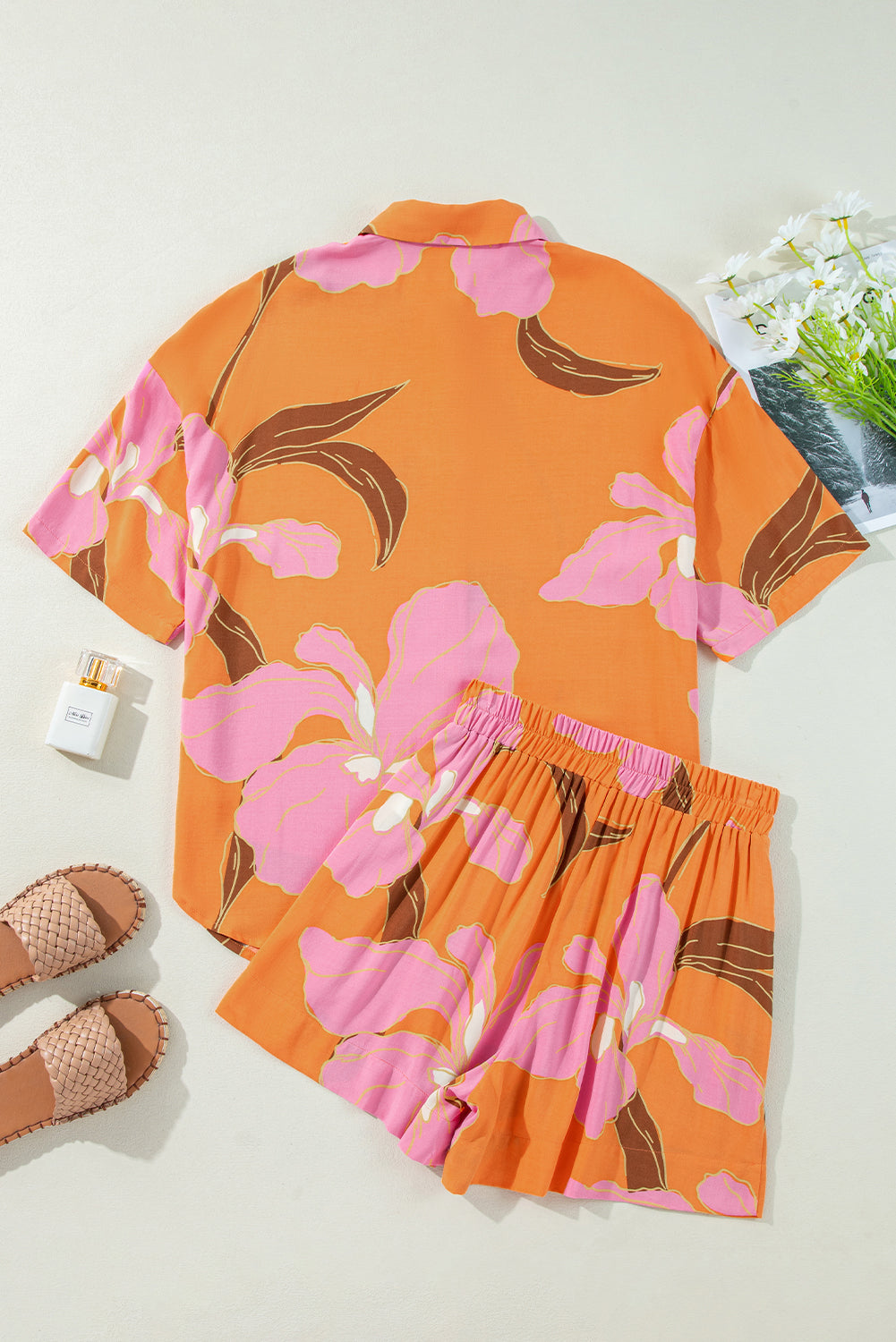 Russet Orange Floral Print Tunic Shirt and Shorts Set