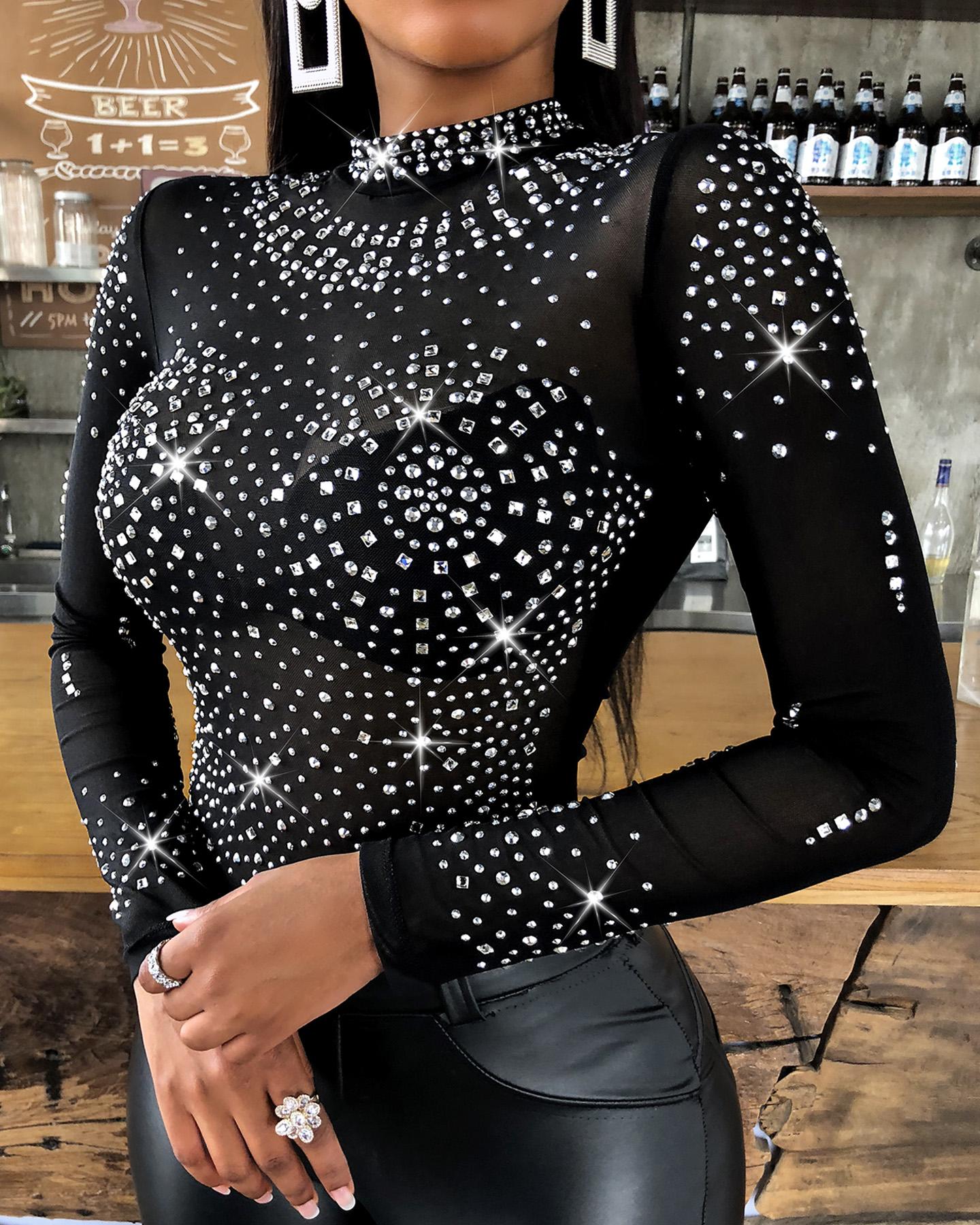 Rhinestone Studded Long Sleeve Bodysuit