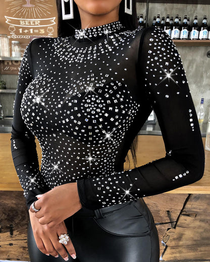 Rhinestone Studded Long Sleeve Bodysuit