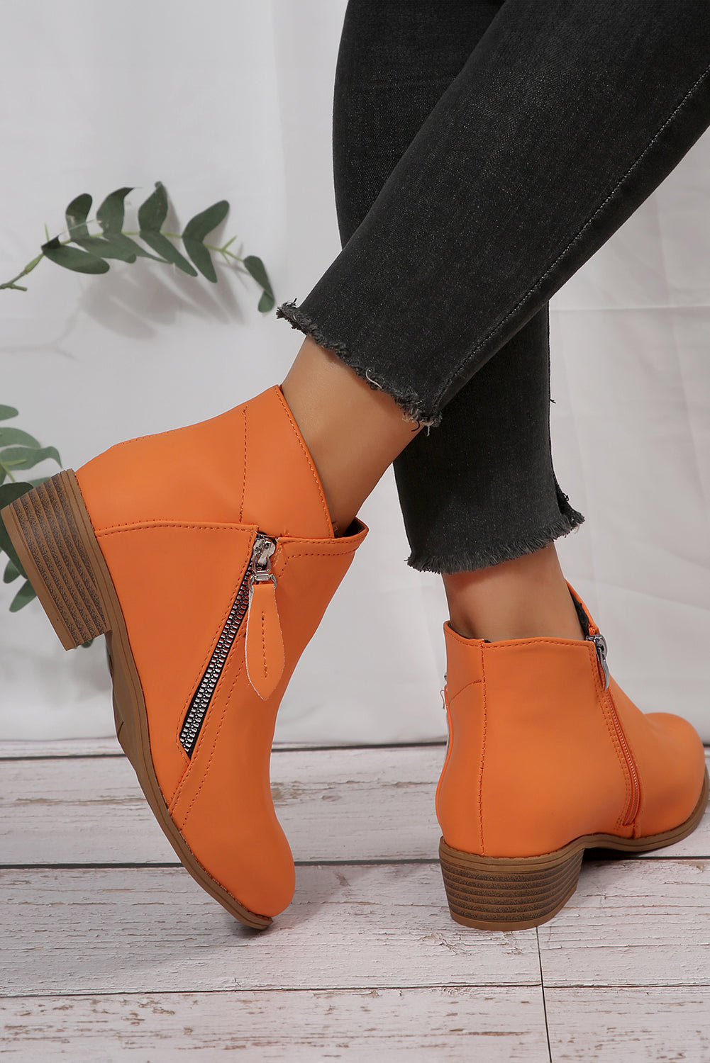 Orange Faux Leather Double Zip Low Heel Ankle Boots