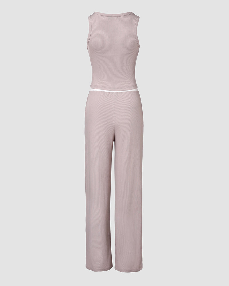 Notch Neck Top & Colorblock Pocket Design Pants Set