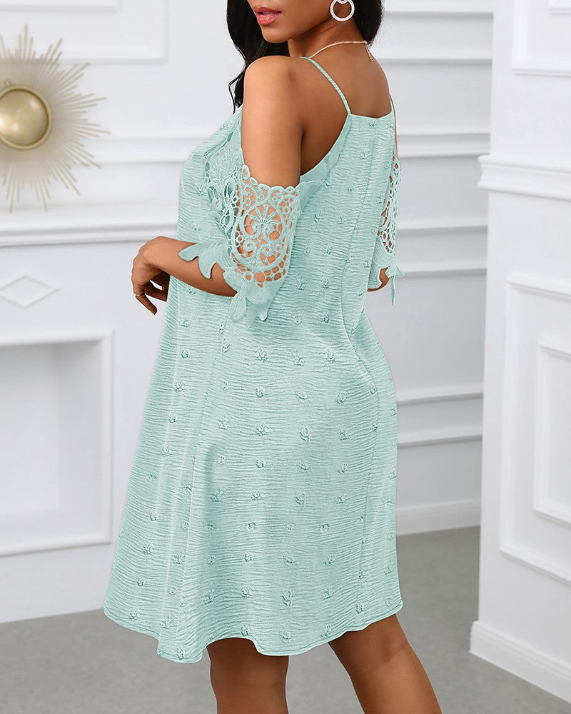 V Neck Cold Shoulder Sleeveless Lace Hem Straight Dress Vacation Dress