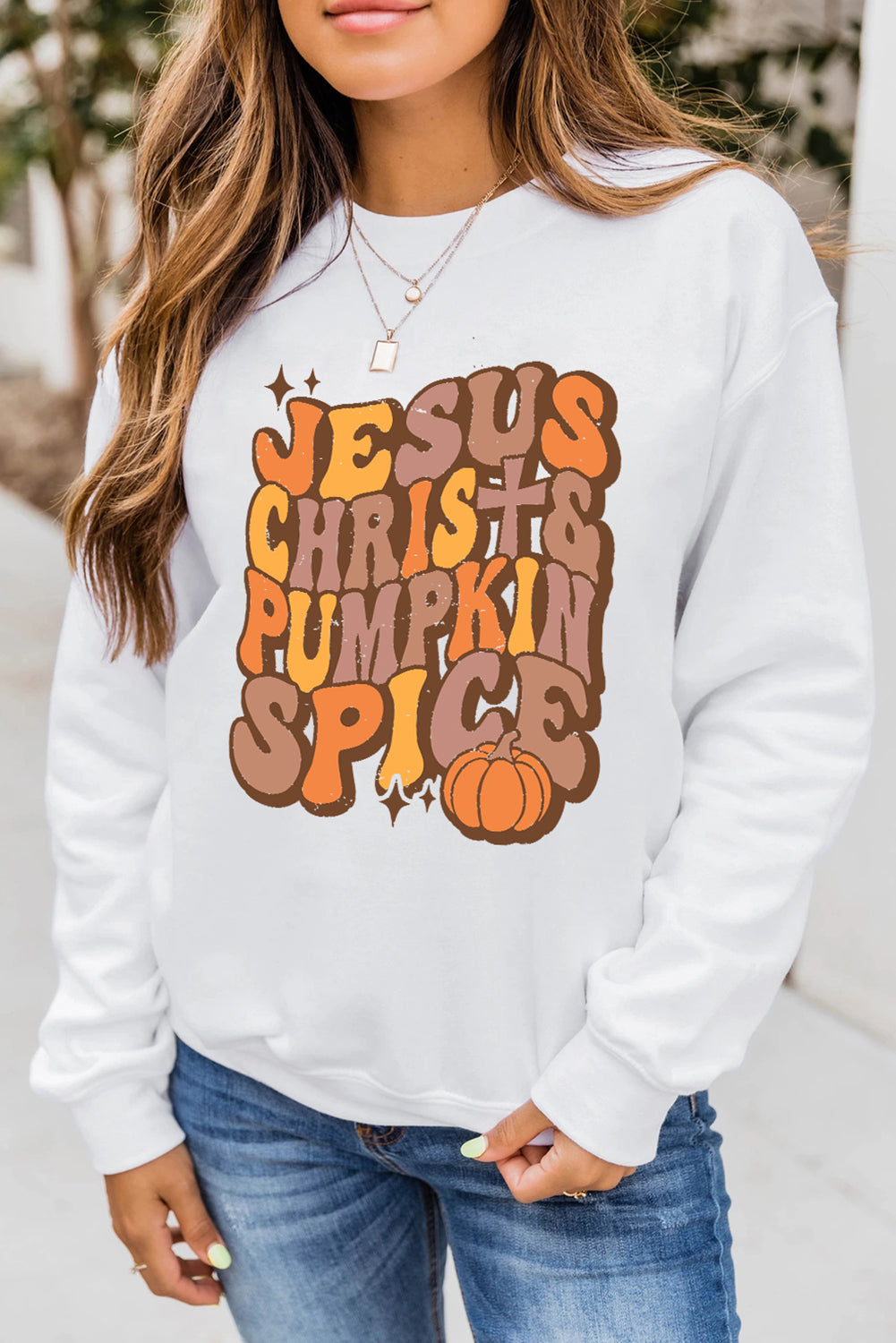 Beige JESUS CHRISH & PUMPKIN SPICE Graphic Drop Shoulder Sweatshirt