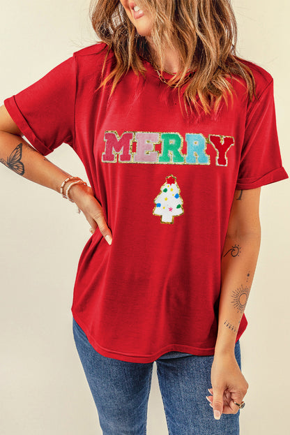 Red Chenille MERRY Christmas Tree Graphic Tee