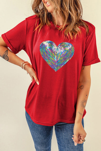 Red Rainbow Sequin Heart Shape Crew Neck T Shirt