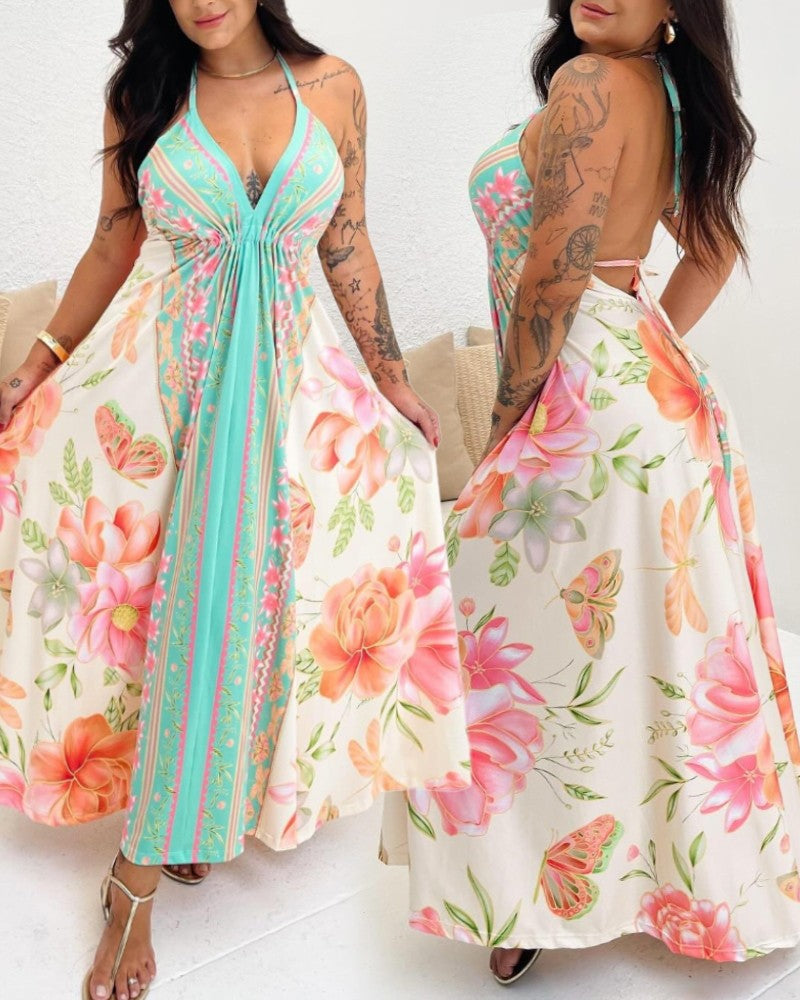 Floral Print Halter Sleeveless Maxi Dress Hollow Out Flowy A Line Vacation Dress