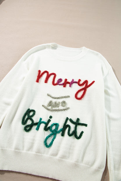 White Tinsel Merry and Bright Graphic Christmas Sweater