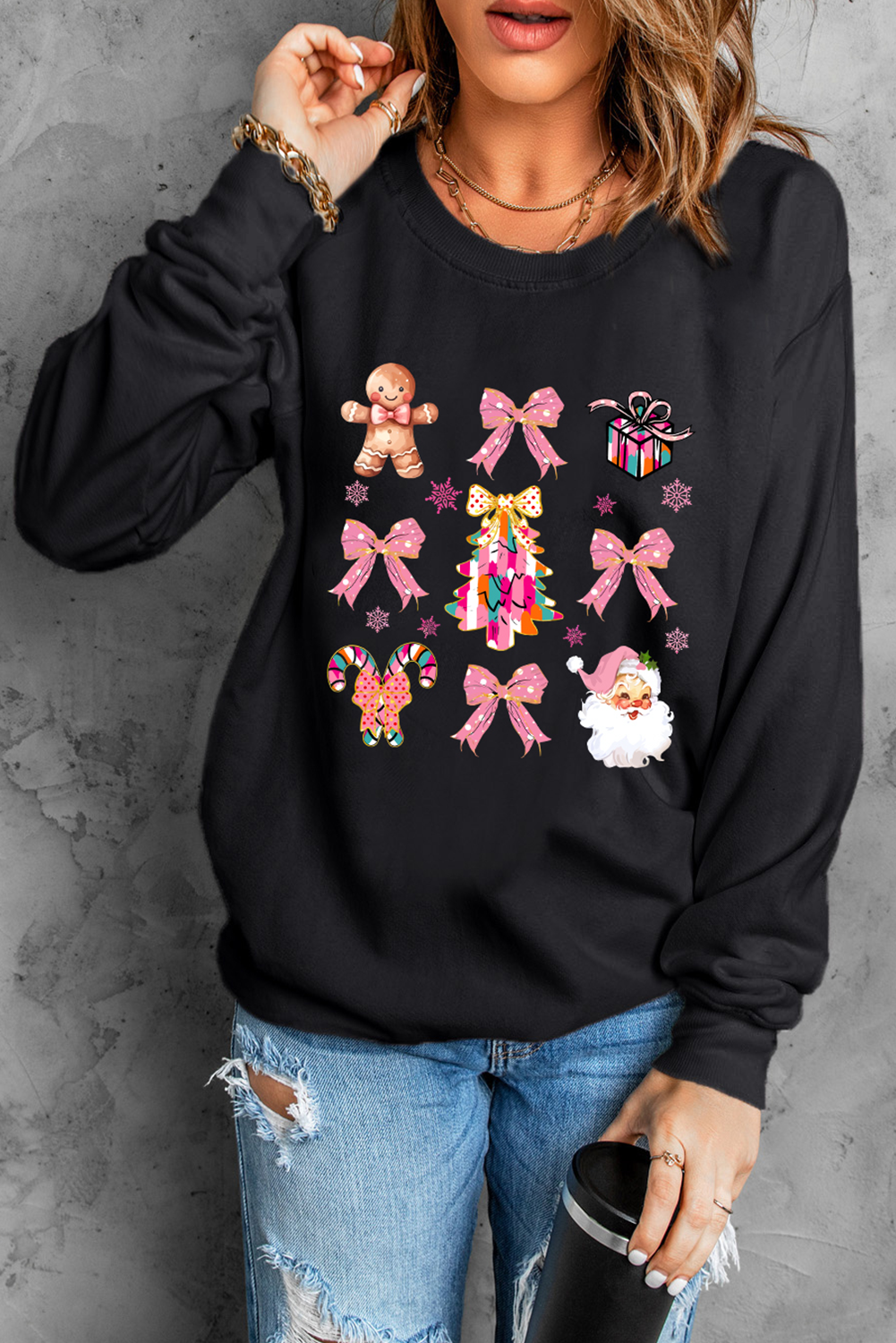 Black Christmas Fashion Print Dropped Shoulder Sweatshirt