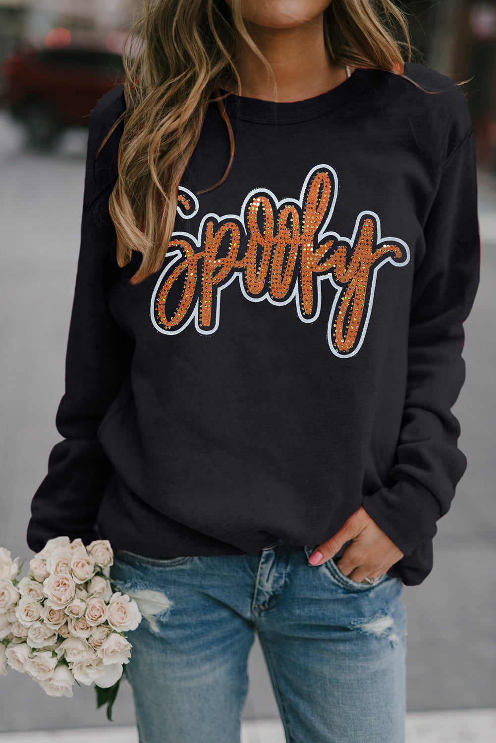 Black Spooky Rhinestone Drop Shoulder Graphic Sweatshirt