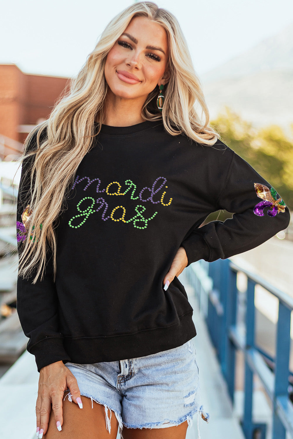 Black Ceramic Rhinestone mardi gras Letter Graphic Sweatshirt