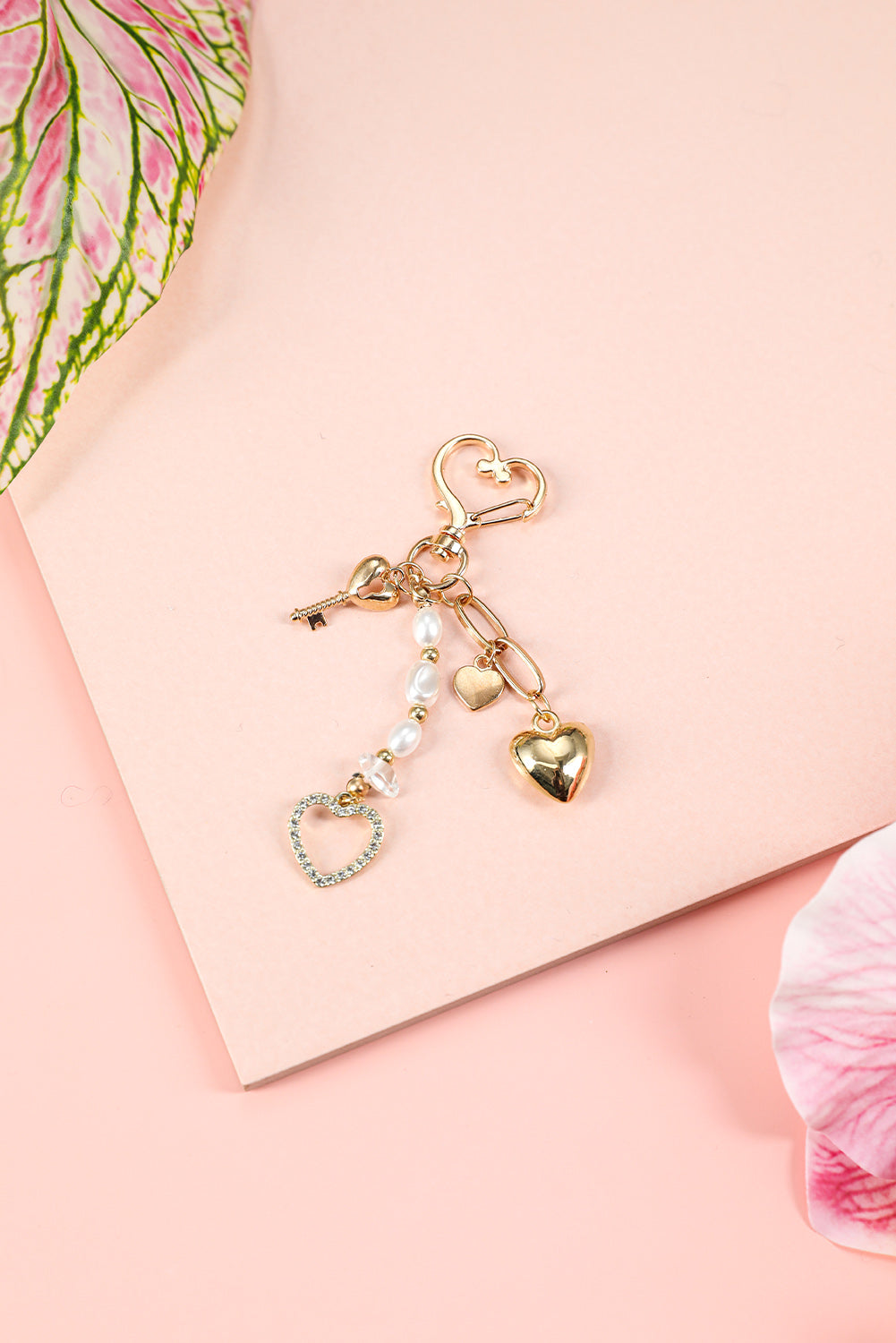 Gold Heart Shape Pearl Beaded Plated Alloy Keychain