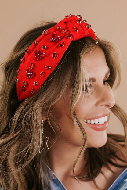 Fiery Red Rhinestone Heart Glass Drill Studded Knotted Wide Headband