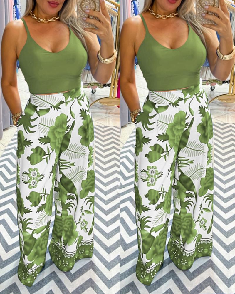 2 Piece Floral Print U Neck Spaghetti Strap Top High Waist Wide Leg Vacation Pants Set with Pocket