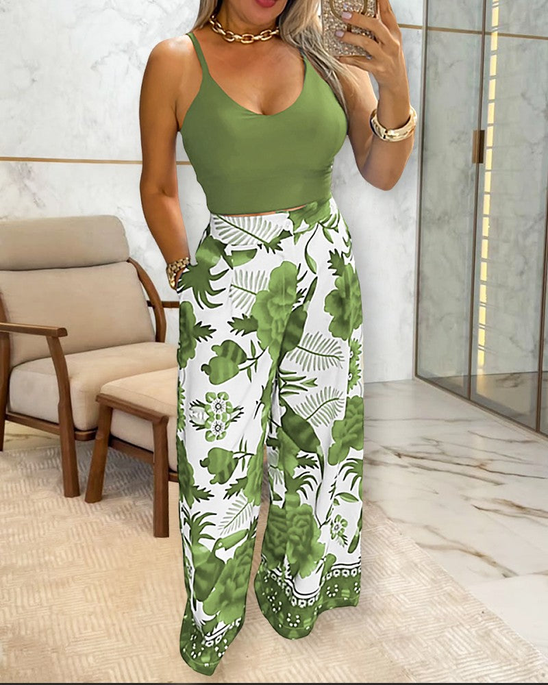 2 Piece Floral Print U Neck Spaghetti Strap Top High Waist Wide Leg Vacation Pants Set with Pocket