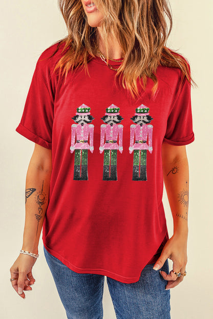 Red Sequined Christmas Nutcracker Pattern Crew Neck Graphic Tee