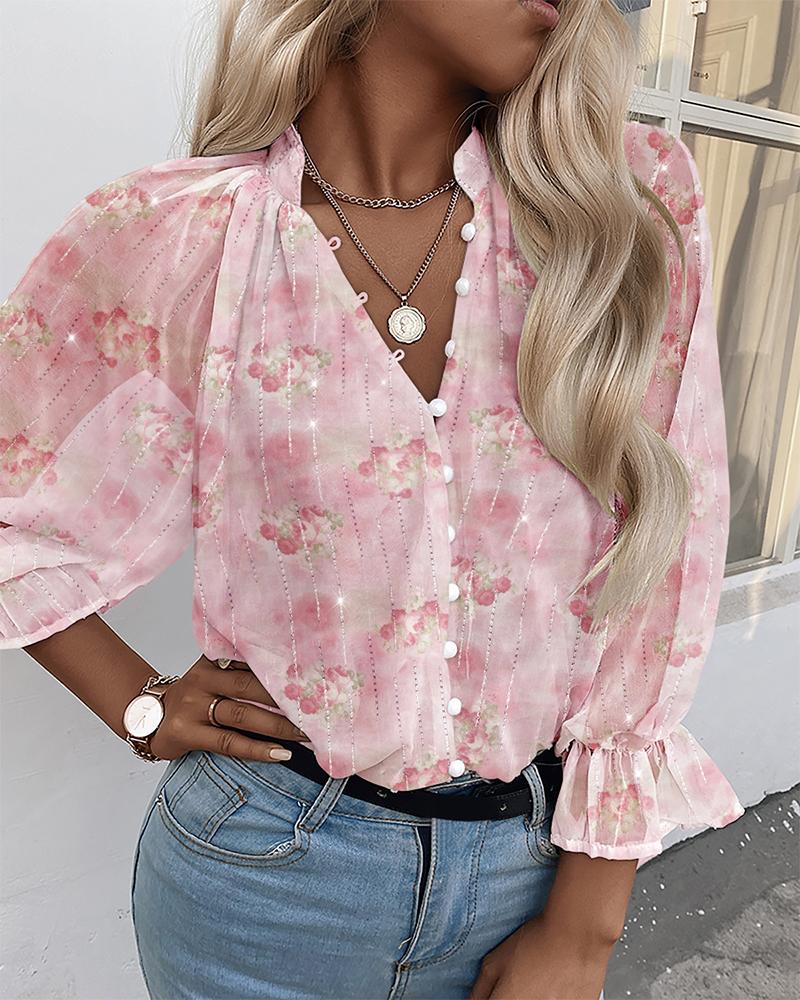 Glitter Lurex Floral Print Long Sleeve Blouse Front Button Casual Top